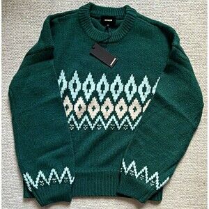 NWT MONROW Green Fair Isle Alpaca Merino Wool Blend Crewneck Sweater Womens XS